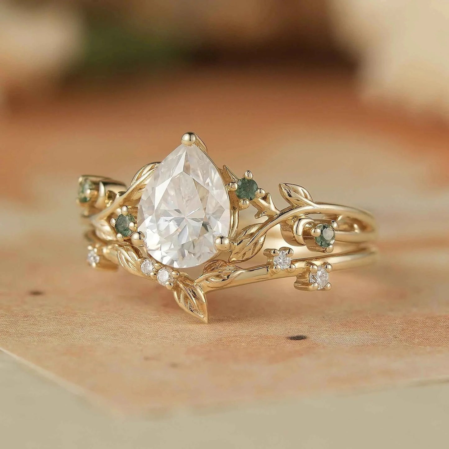 Dainty Moissanite & Moss Agate Bridal Set - Brooke