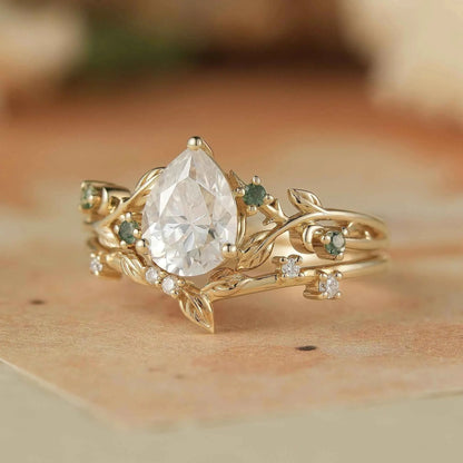 Dainty Moissanite & Moss Agate Bridal Set - Brooke