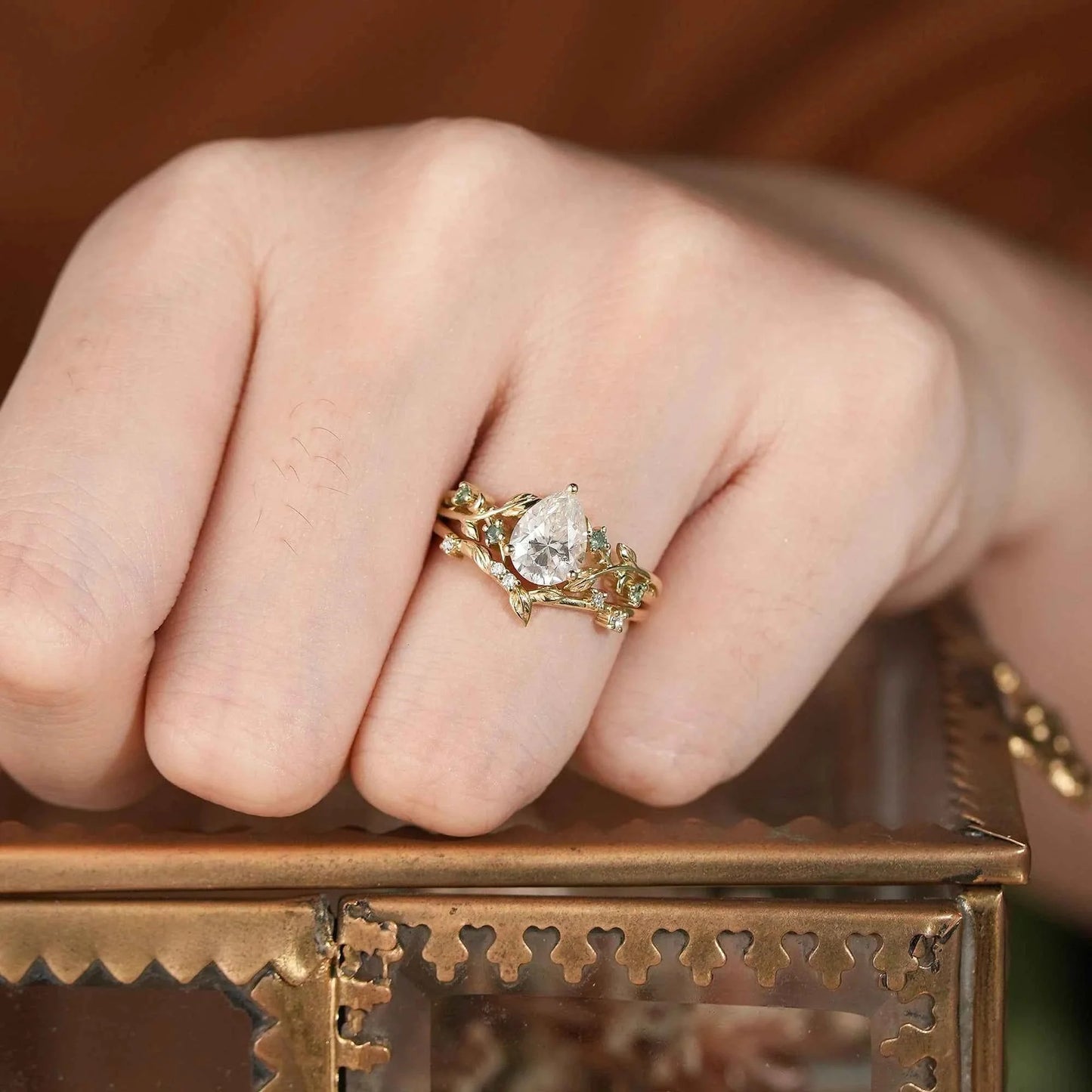 Dainty Moissanite & Moss Agate Bridal Set - Brooke