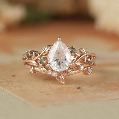 Dainty Moissanite & Moss Agate Bridal Set - Brooke