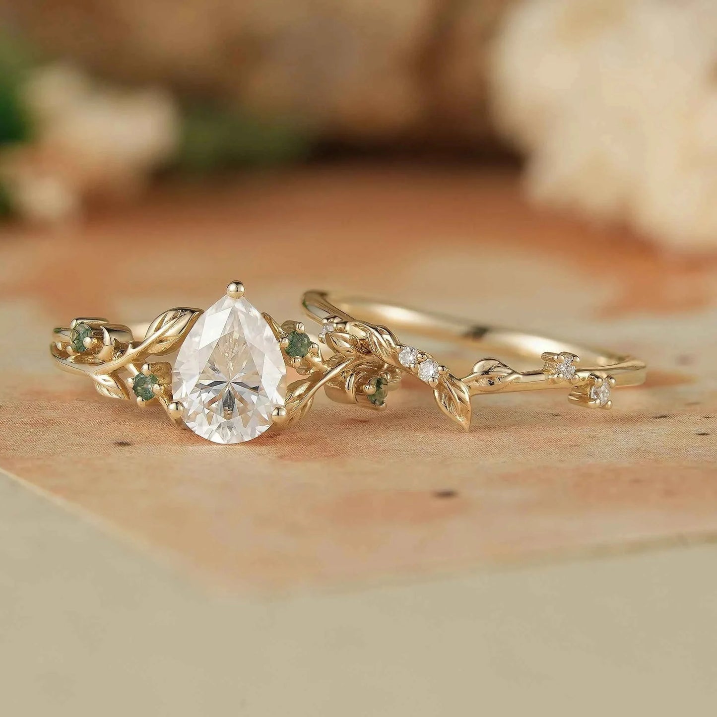 Dainty Moissanite & Moss Agate Bridal Set - Brooke