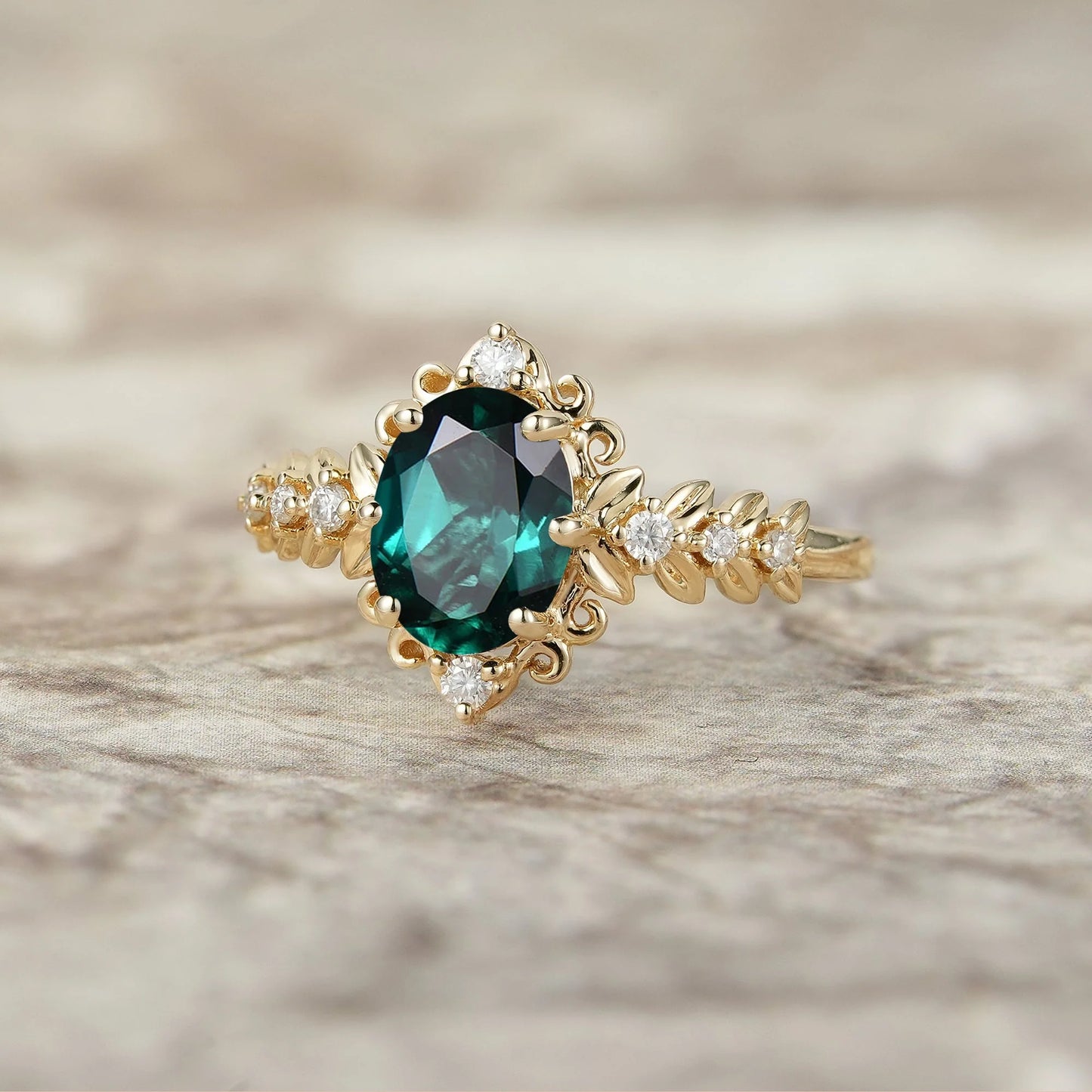 Elegant Emerald Filigree Leaf Engagement Ring - Odette