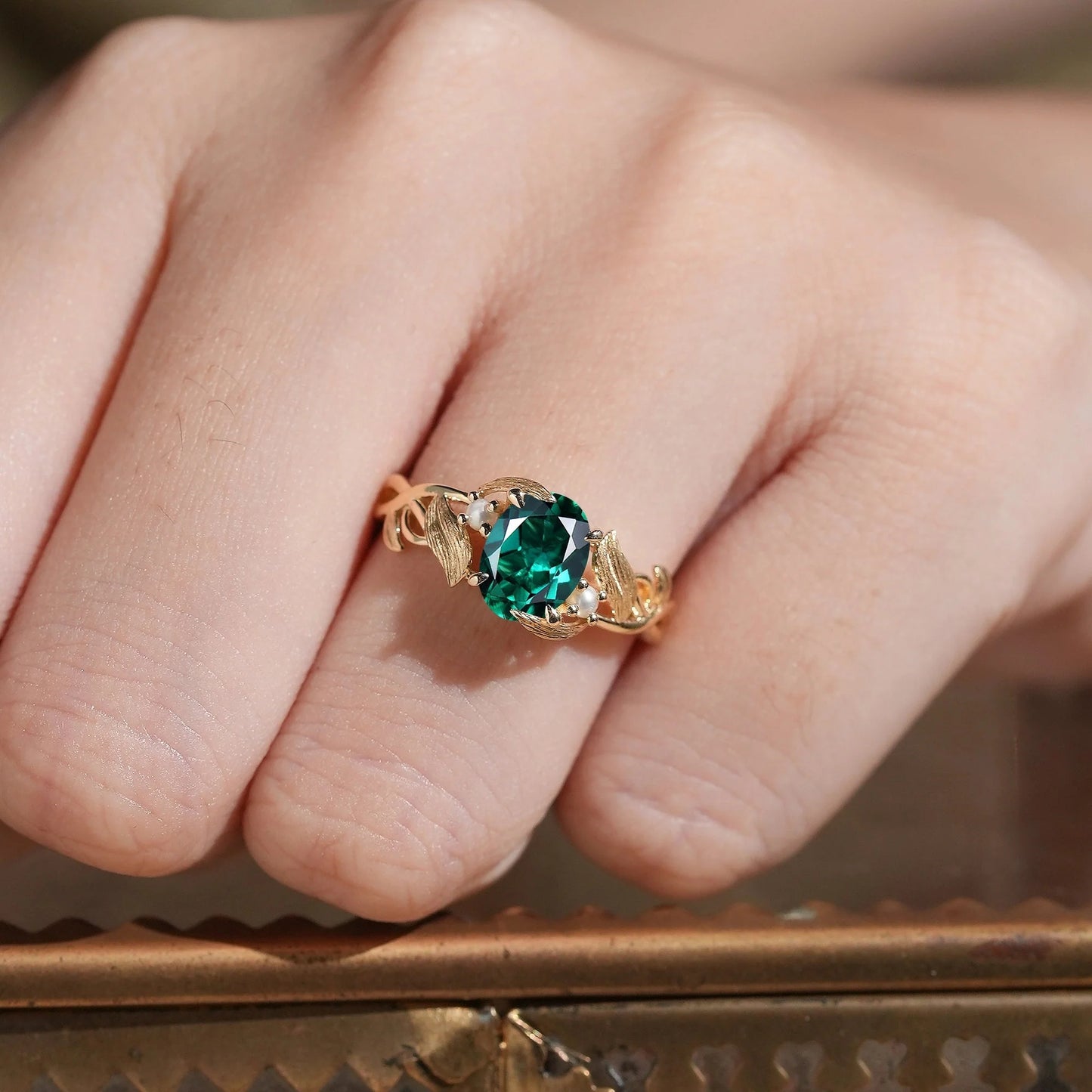 Elegant Oval Cut Emerald Brushed Gold Leaf Ring - Thea