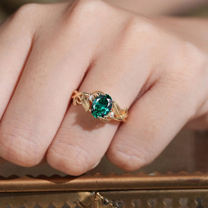 Elegant Oval Cut Emerald Brushed Gold Leaf Ring - Thea