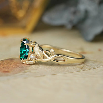 Elegant Oval Cut Emerald Brushed Gold Leaf Ring - Thea