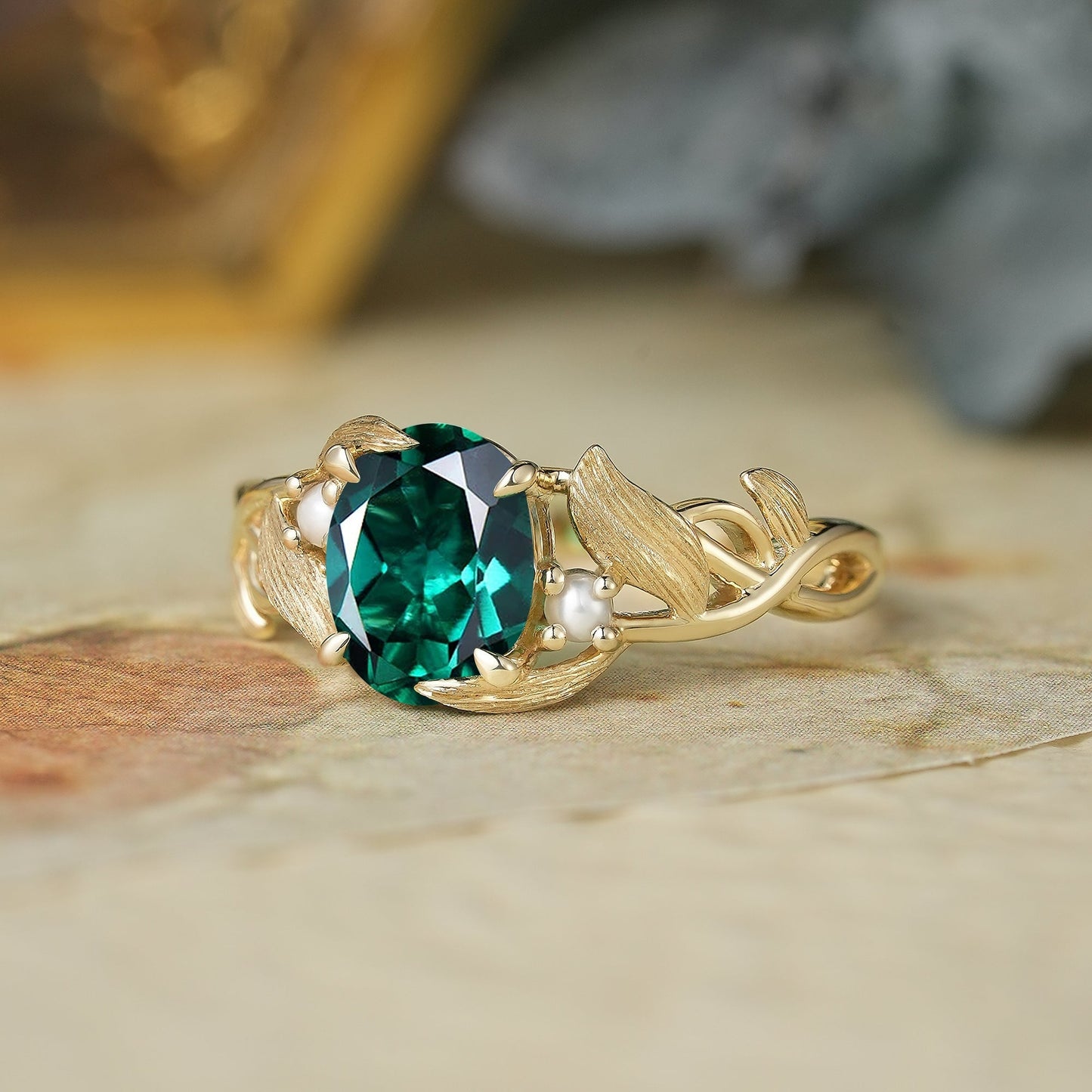 Elegant Oval Cut Emerald Brushed Gold Leaf Ring - Thea (925 Silver)