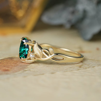 Elegant Oval Cut Emerald Brushed Gold Leaf Ring - Thea (925 Silver)