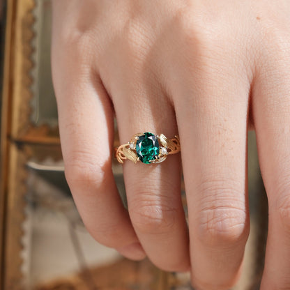 Elegant Oval Cut Emerald Brushed Gold Leaf Ring - Thea (925 Silver)
