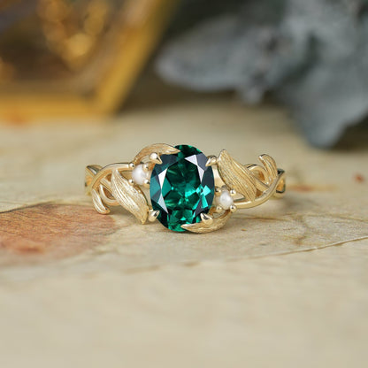 Elegant Oval Cut Emerald Brushed Gold Leaf Ring - Thea (925 Silver)