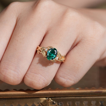Elegant Oval Cut Emerald Brushed Gold Leaf Ring - Thea (925 Silver)