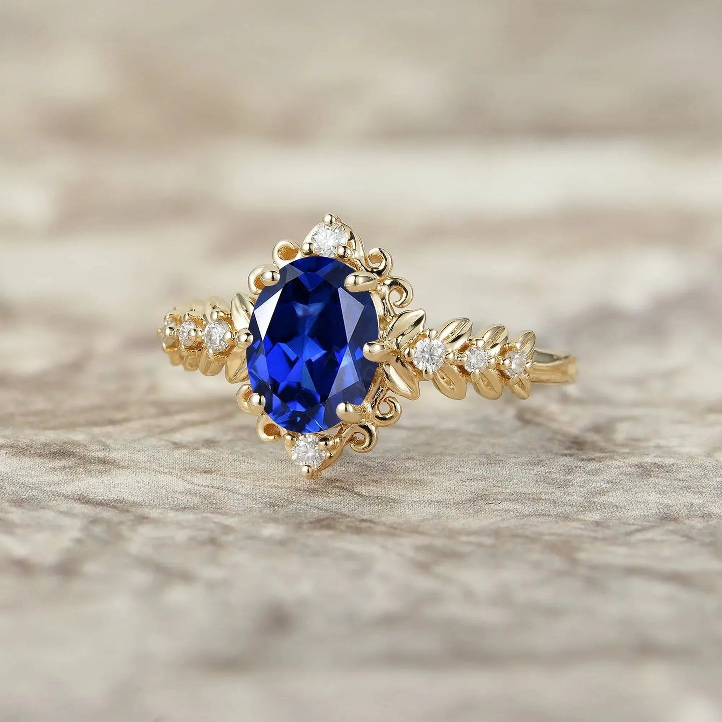 Elegant Royal Blue Sapphire Filigree Leaf Engagement Ring - Odette
