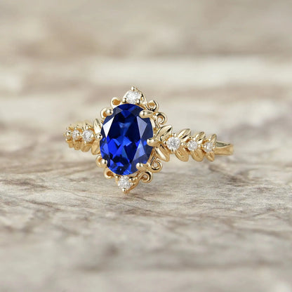 Elegant Royal Blue Sapphire Filigree Leaf Engagement Ring - Odette
