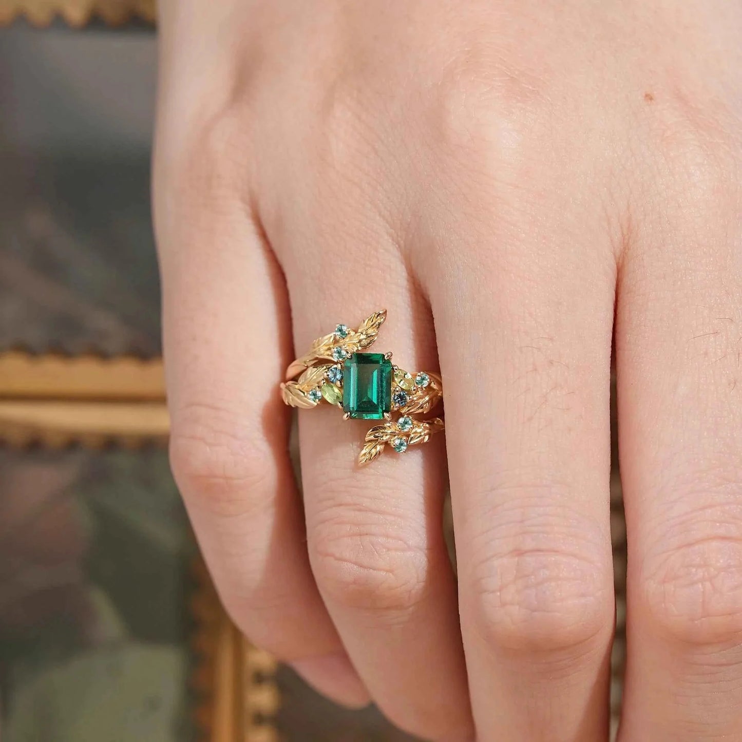 Emerald Cut Emerald Leaf Enhancer Ring Nature Inspired Bridal Ring Set 2pcs - GemsMagic