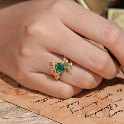 Emerald Cut Emerald Leaf Enhancer Ring Nature Inspired Bridal Ring Set 2pcs - GemsMagic