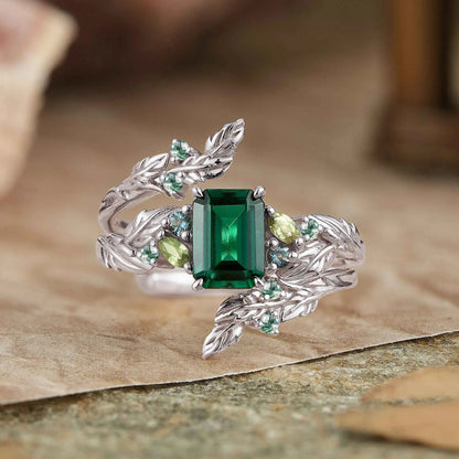 Emerald Cut Emerald Leaf Enhancer Ring Nature Inspired Bridal Ring Set 2pcs - GemsMagic