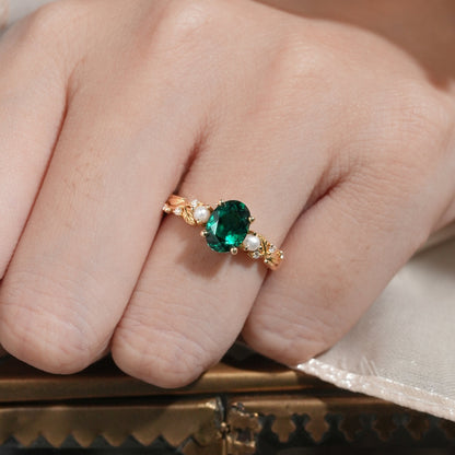 Emerald Leaf Vine Ring with Pearls & Moissanite - Orla (925 Silver)