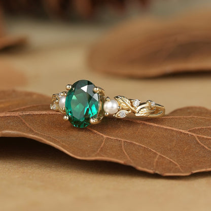 Emerald Leaf Vine Ring with Pearls & Moissanite - Orla (925 Silver)