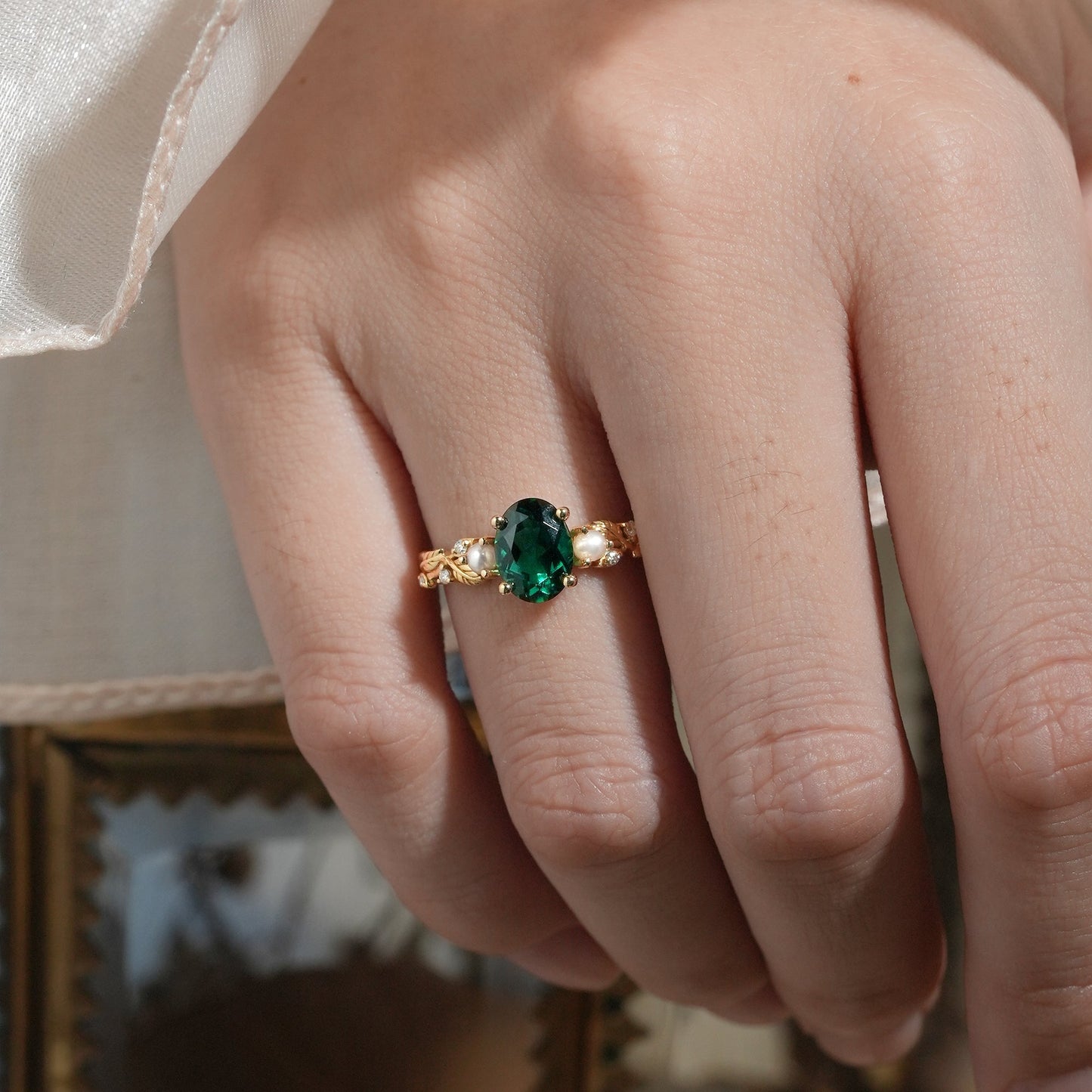 Emerald Leaf Vine Ring with Pearls & Moissanite - Orla (925 Silver)