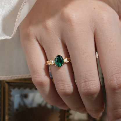 Emerald Leaf Vine Ring with Pearls & Moissanite - Orla (925 Silver)