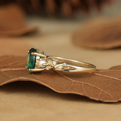 Emerald Leaf Vine Ring with Pearls & Moissanite - Orla (925 Silver)