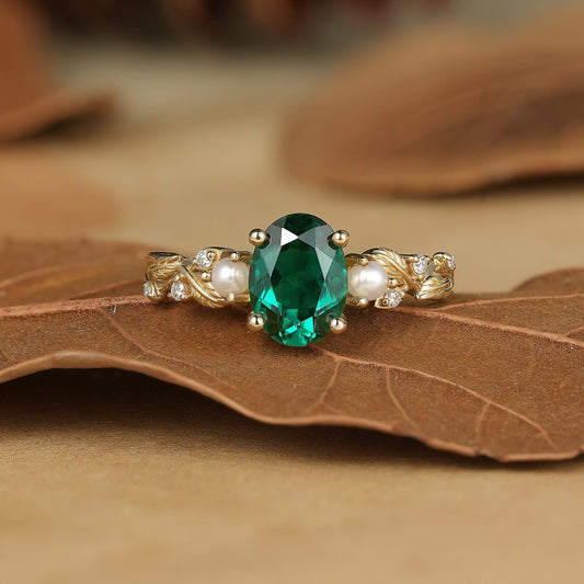 Emerald Leaf Vine Ring with Pearls & Moissanite - Orla (925 Silver)