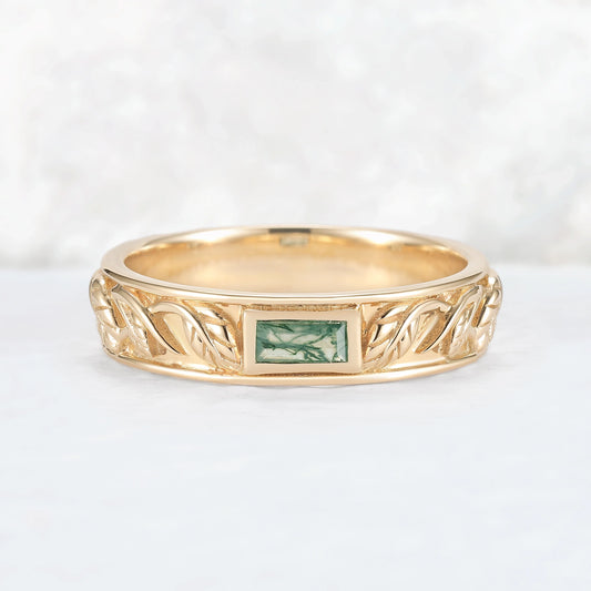 Mens Baguette Cut Moss Agate Stone Leafy Wedding Band