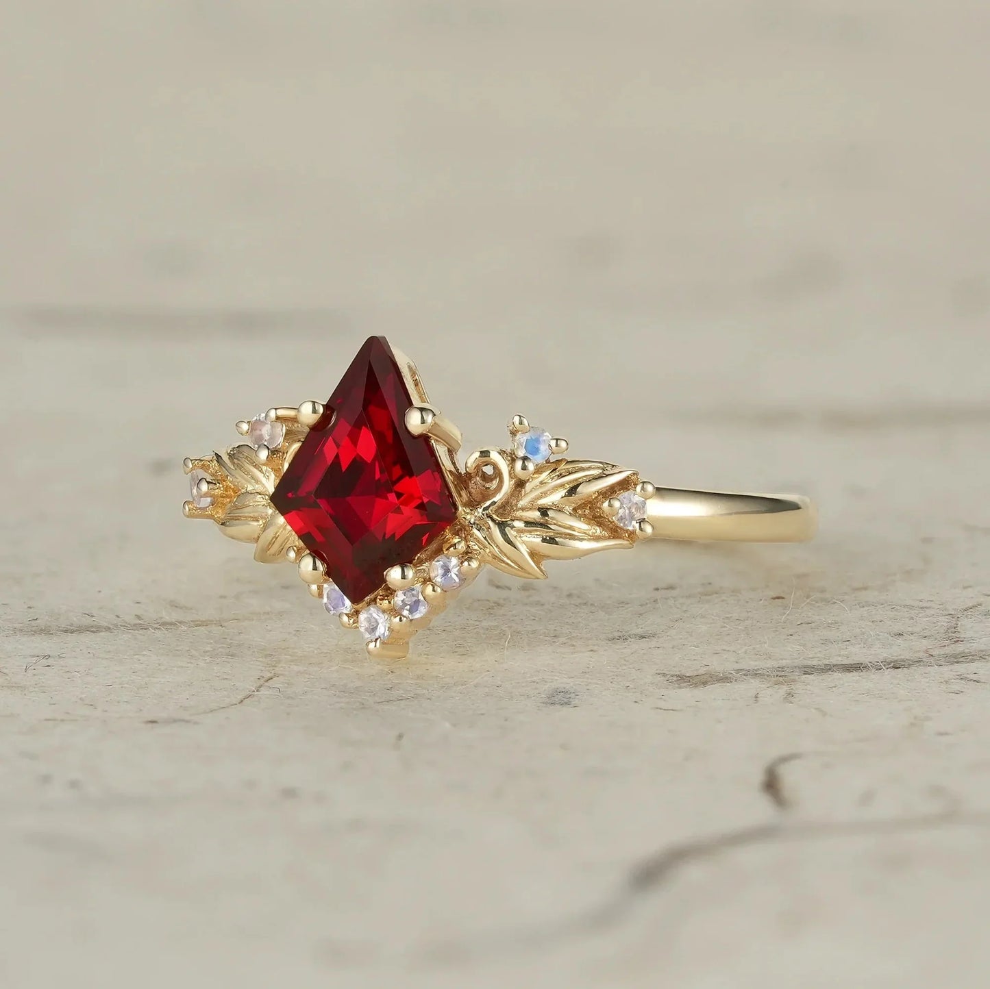 Kite Cut Ruby Engagement Ring with Moonstone Side Stone Leaf Design - Brielle