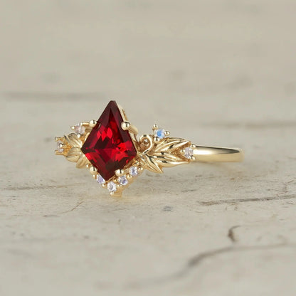 Kite Cut Ruby Engagement Ring with Moonstone Side Stone Leaf Design - Brielle