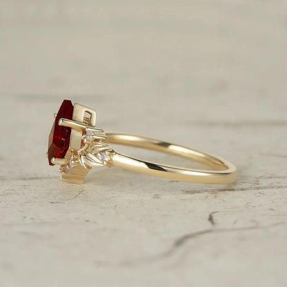 Kite Cut Ruby Engagement Ring with Moonstone Side Stone Leaf Design - Brielle