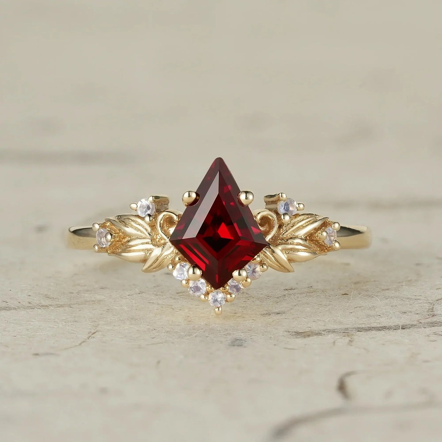 Kite Cut Ruby Engagement Ring with Moonstone Side Stone Leaf Design - Brielle