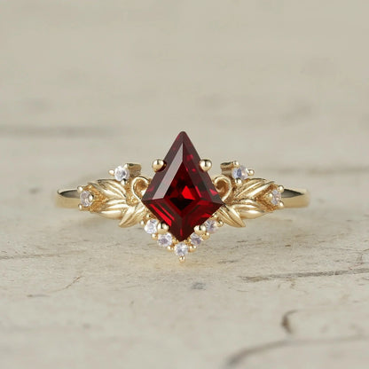 Kite Cut Ruby Engagement Ring with Moonstone Side Stone Leaf Design - Brielle