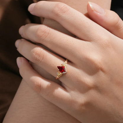 Kite Cut Ruby Engagement Ring with Moonstone Side Stone Leaf Design - Brielle