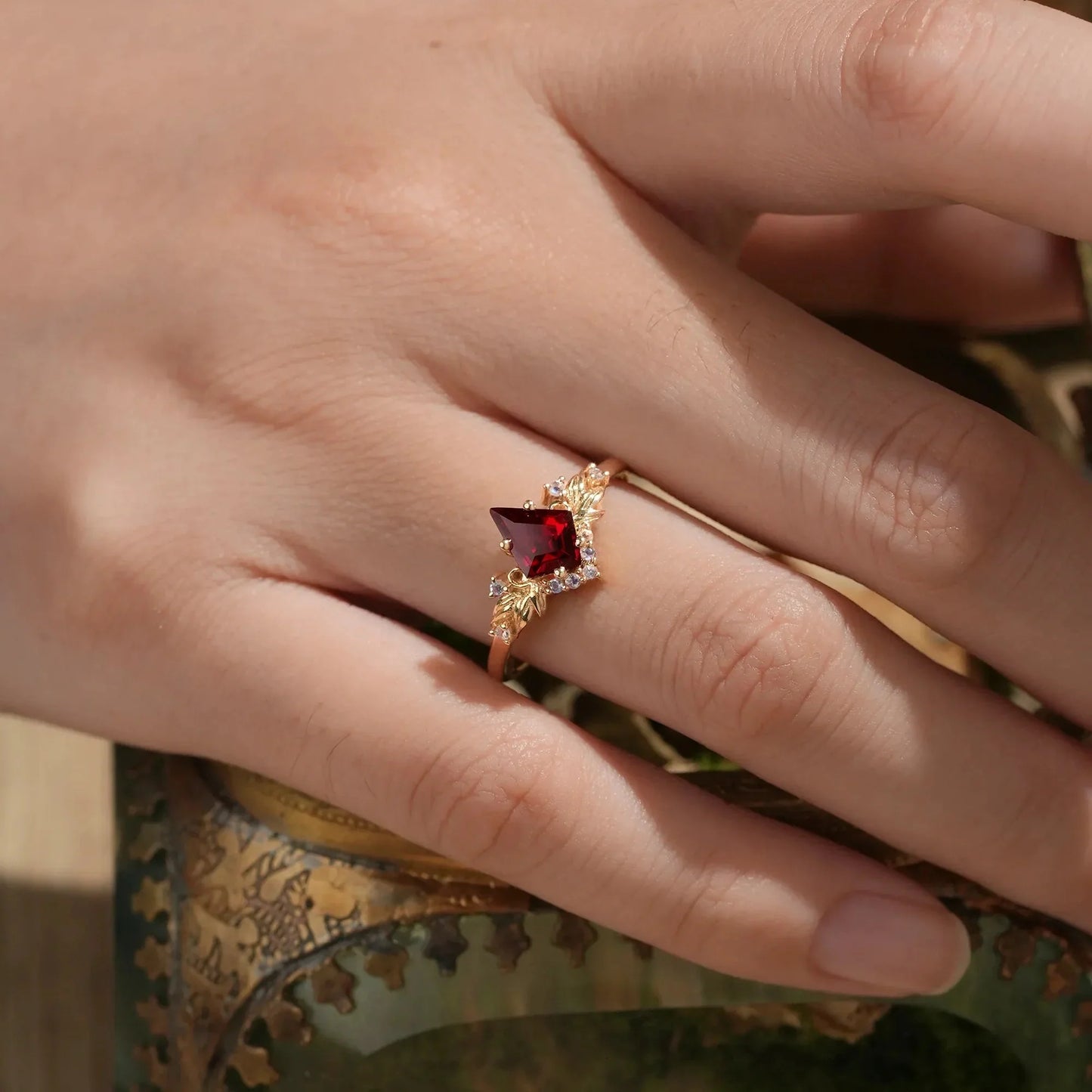 Kite Cut Ruby Engagement Ring with Moonstone Side Stone Leaf Design - Brielle