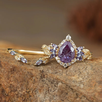Fairy Ring-Alexandrite Halo Gold Ring Set 2pcs-Vivienne