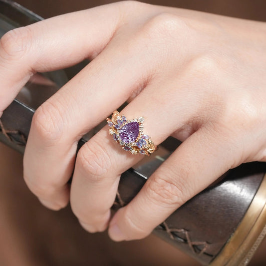 Fairy Ring-Alexandrite Halo Gold Ring Set 2pcs-Vivienne