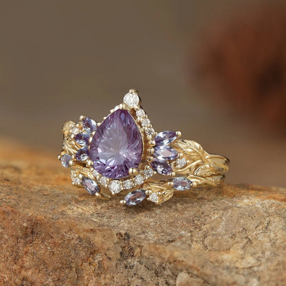 Fairy Ring-Alexandrite Halo Gold Ring Set 2pcs-Vivienne