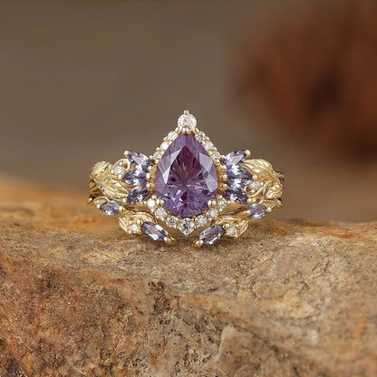 Fairy Ring-Alexandrite Halo Gold Ring Set 2pcs-Vivienne
