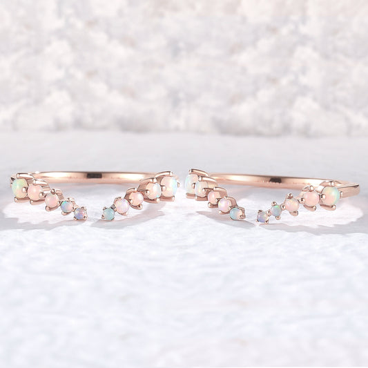 Curved Round Shaped Opal Open Silver Stacking Ring