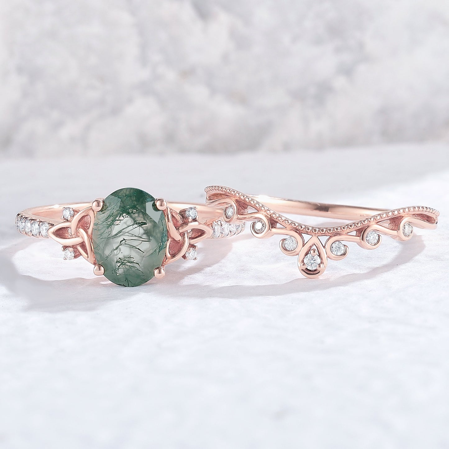 Nature Inspired Oval Cut Moss Agate Vine Twist Ring Set 2pcs