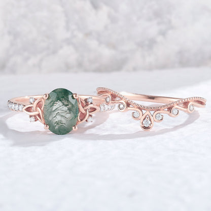 Nature Inspired Oval Cut Moss Agate Vine Twist Ring Set 2pcs