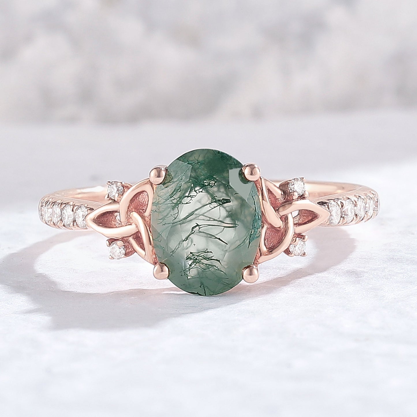 Nature Inspired Oval Cut Moss Agate Vine Twist Ring Set 2pcs