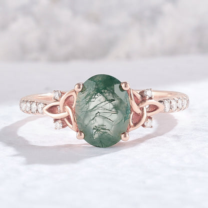Nature Inspired Oval Cut Moss Agate Vine Twist Ring Set 2pcs