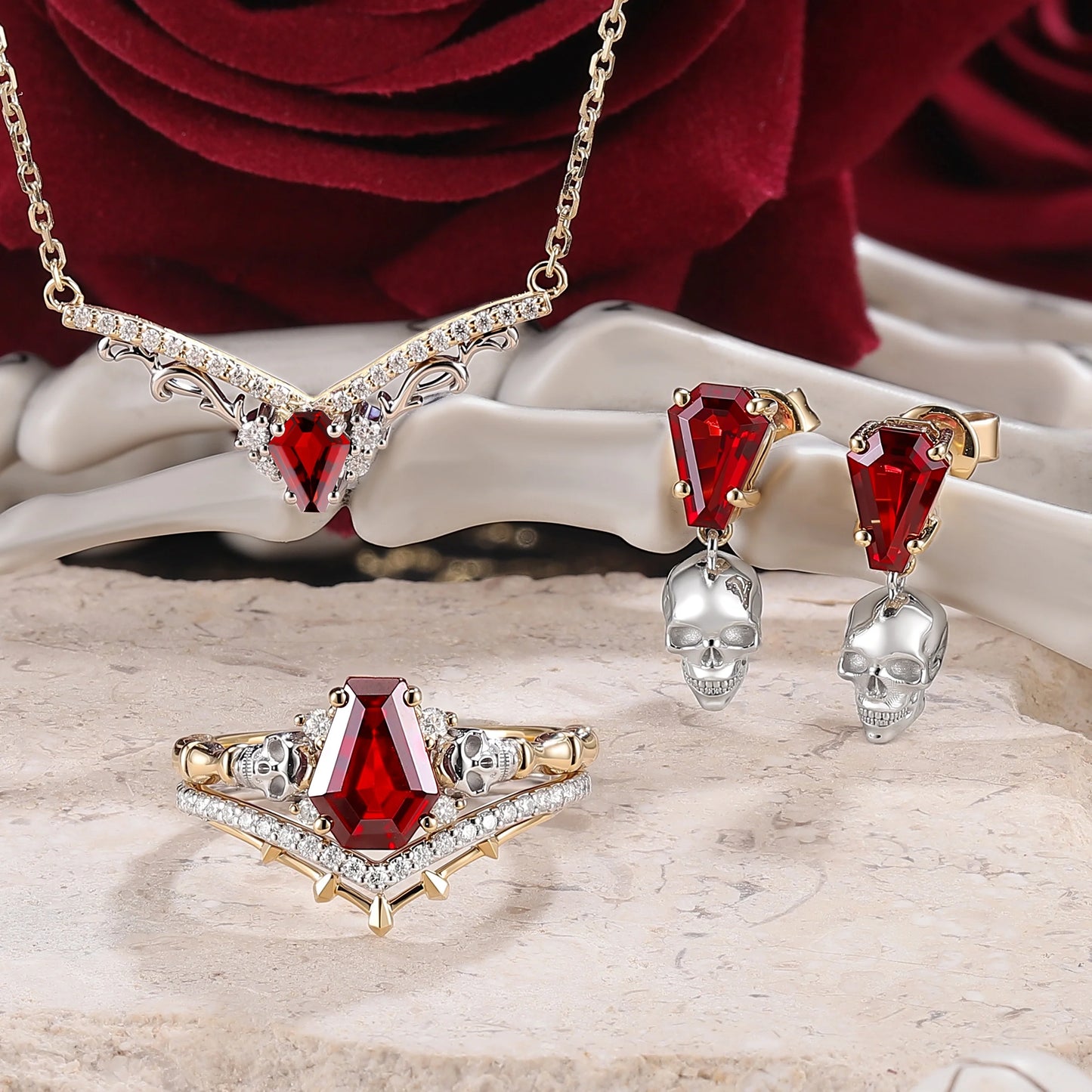 Skull & Skeleton Stud Coffin Cut Garnet Color-Coded Ring Set 2pcs