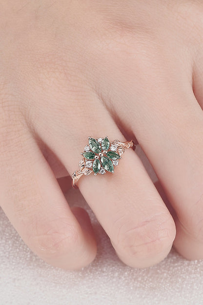 Nature Inspired Marquise Shaped Moss Agate with Moissanite Leafy & Floral Ring