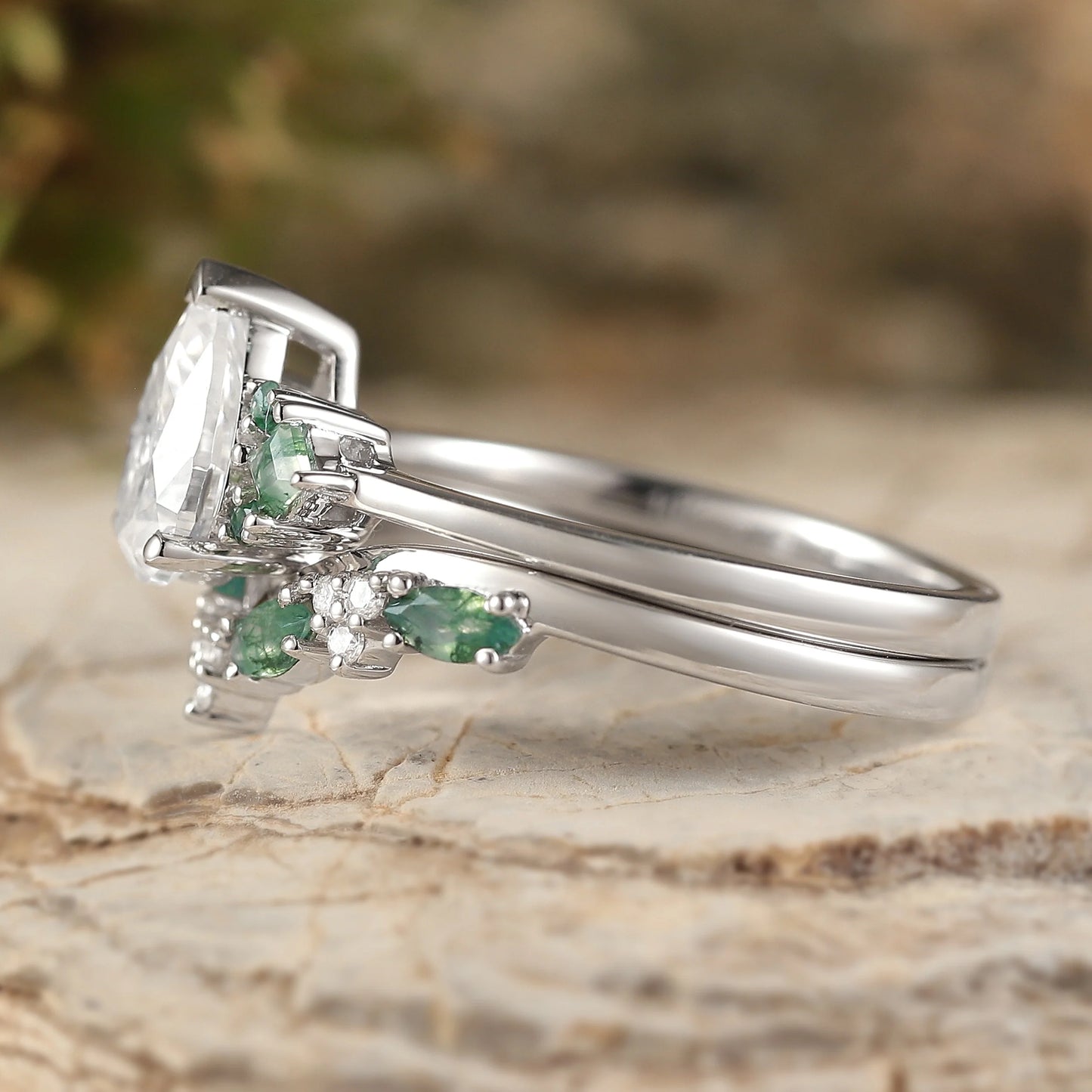 Cluster Pear Cut Moissanite Seven Stones Silver Ring Set 2pcs