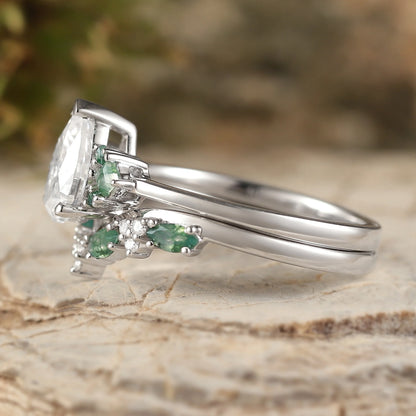 Cluster Pear Cut Moissanite Seven Stones Silver Ring Set 2pcs