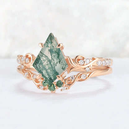 Nature Inspired Kite Cut Moss Agate Vine Gemstone Ring Set 2pcs
