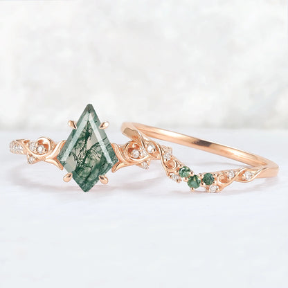 Nature Inspired Kite Cut Moss Agate Vine Gemstone Ring Set 2pcs