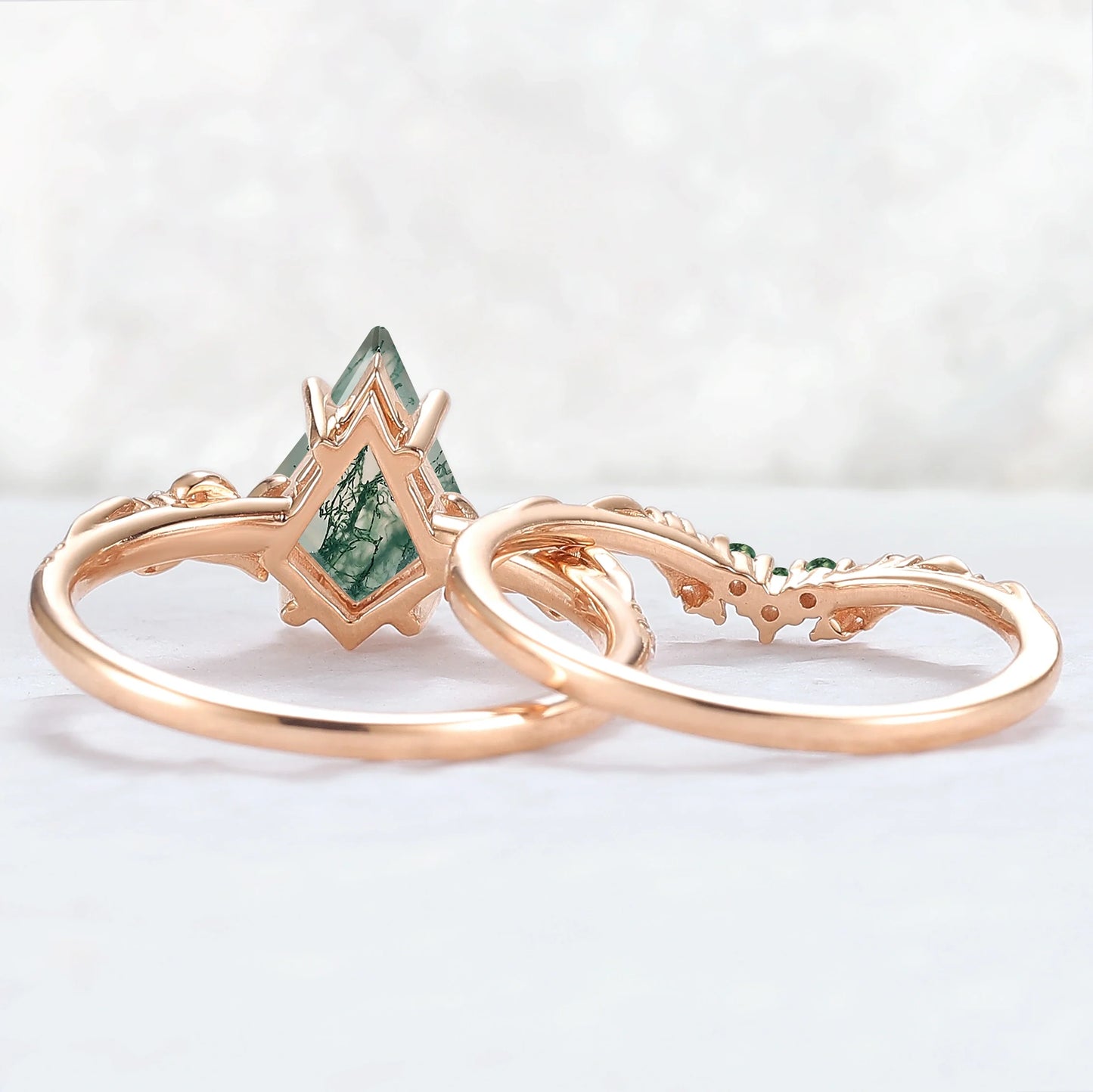 Nature Inspired Kite Cut Moss Agate Vine Gemstone Ring Set 2pcs