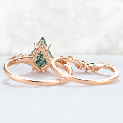 Nature Inspired Kite Cut Moss Agate Vine Gemstone Ring Set 2pcs